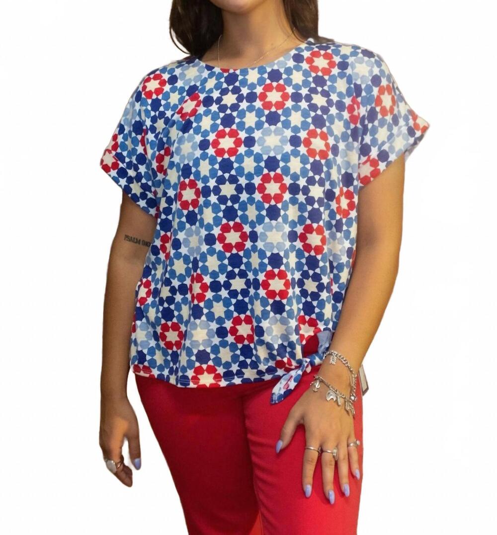 NEW MULTIPLES patriotic short sleeve tie waist top in red white blue